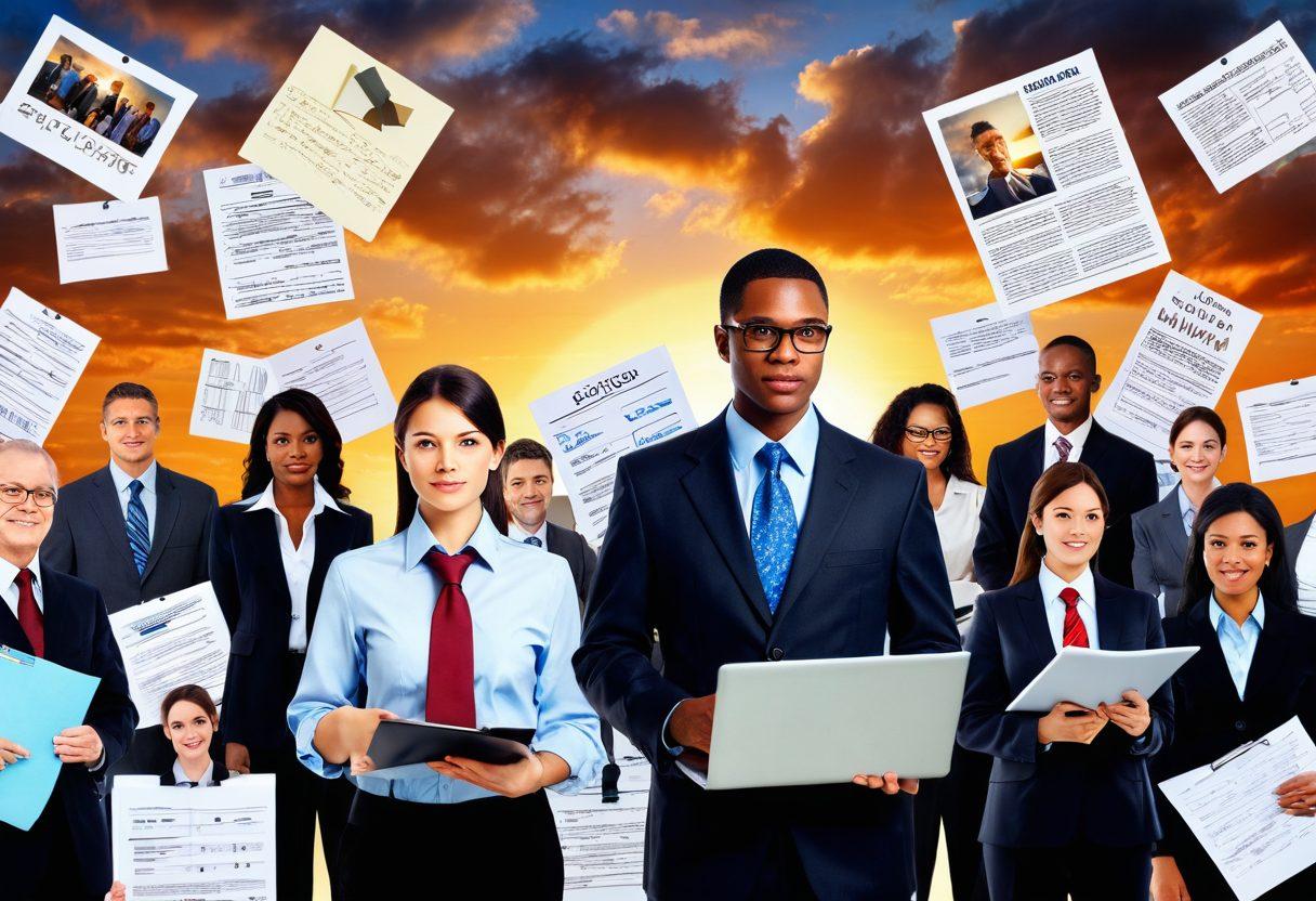 A professional navigating a busy job market, featuring a collage of people in diverse professions, each with a laptop or notepad, reflecting determination and creativity. Include visual elements like briefcases, job listings, and networking events in the background. Dim light with a hopeful sunrise breaking through clouds. super-realistic. vibrant colors. 3D.