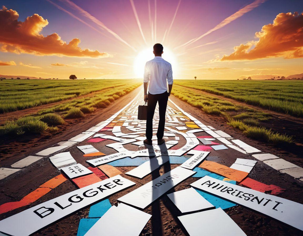 A person standing at a crossroads, looking towards a bright, open path symbolizing career advancement, surrounded by blogging tools like a laptop, notebooks, and inspirational quotes. Vibrant colors to reflect positivity and motivation, with a background of rising sun to denote new opportunities. super-realistic. dynamic composition. white background.