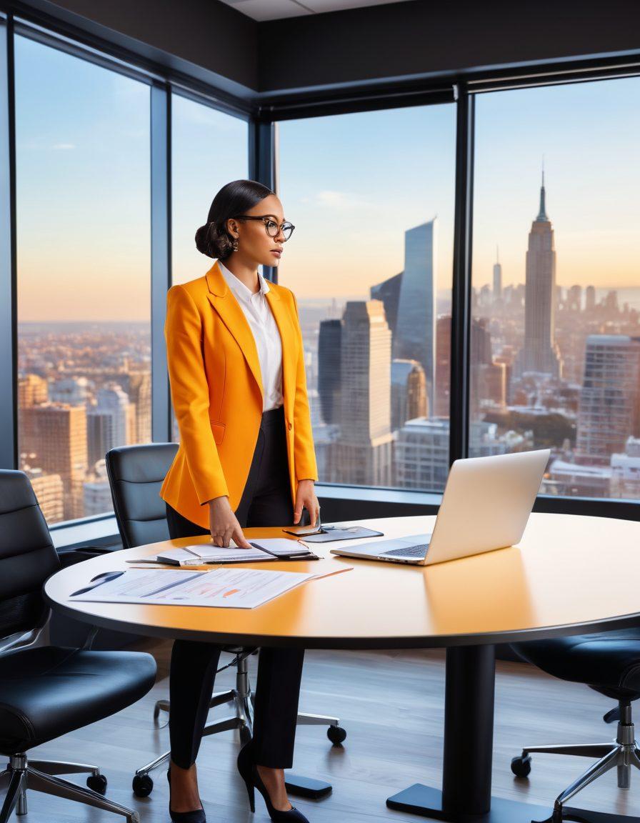 A dynamic scene depicting a confident individual transitioning from a casual blog setting to a sleek, modern boardroom. The person holds a laptop in one hand and dressed in smart attire, surrounded by symbols of job hunting like resumes and interview tips. The boardroom features a large table and city skyline view, symbolizing career growth. Bright colors highlighting both environments create an engaging contrast. super-realistic. vibrant colors. modern style.